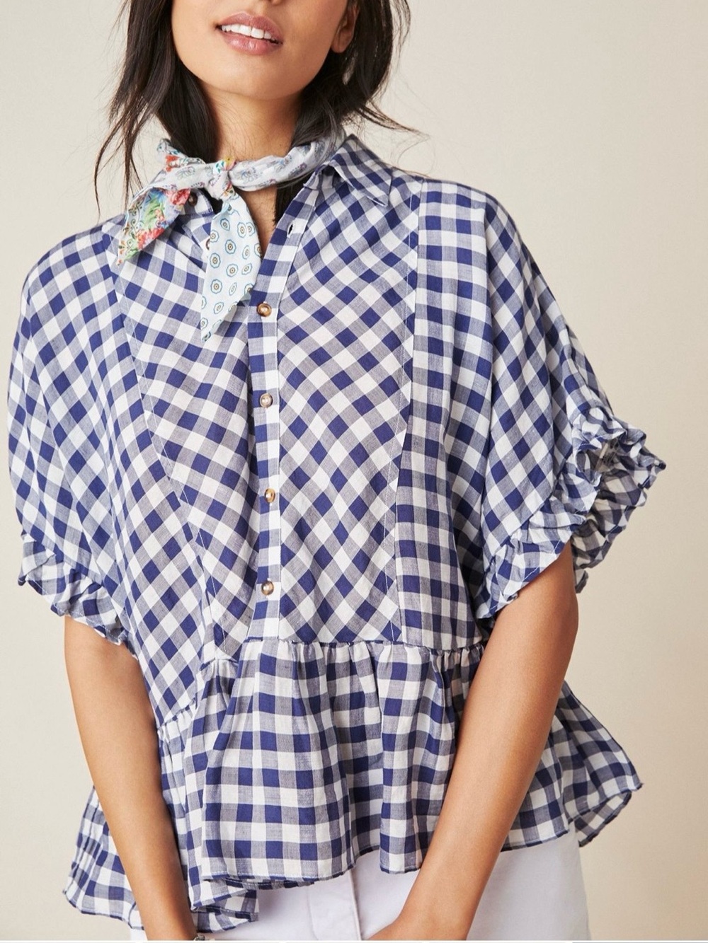 Anthropologie Maeve Flounced Gingham Top Navy Ruffle Preppy Linen Casual Size S